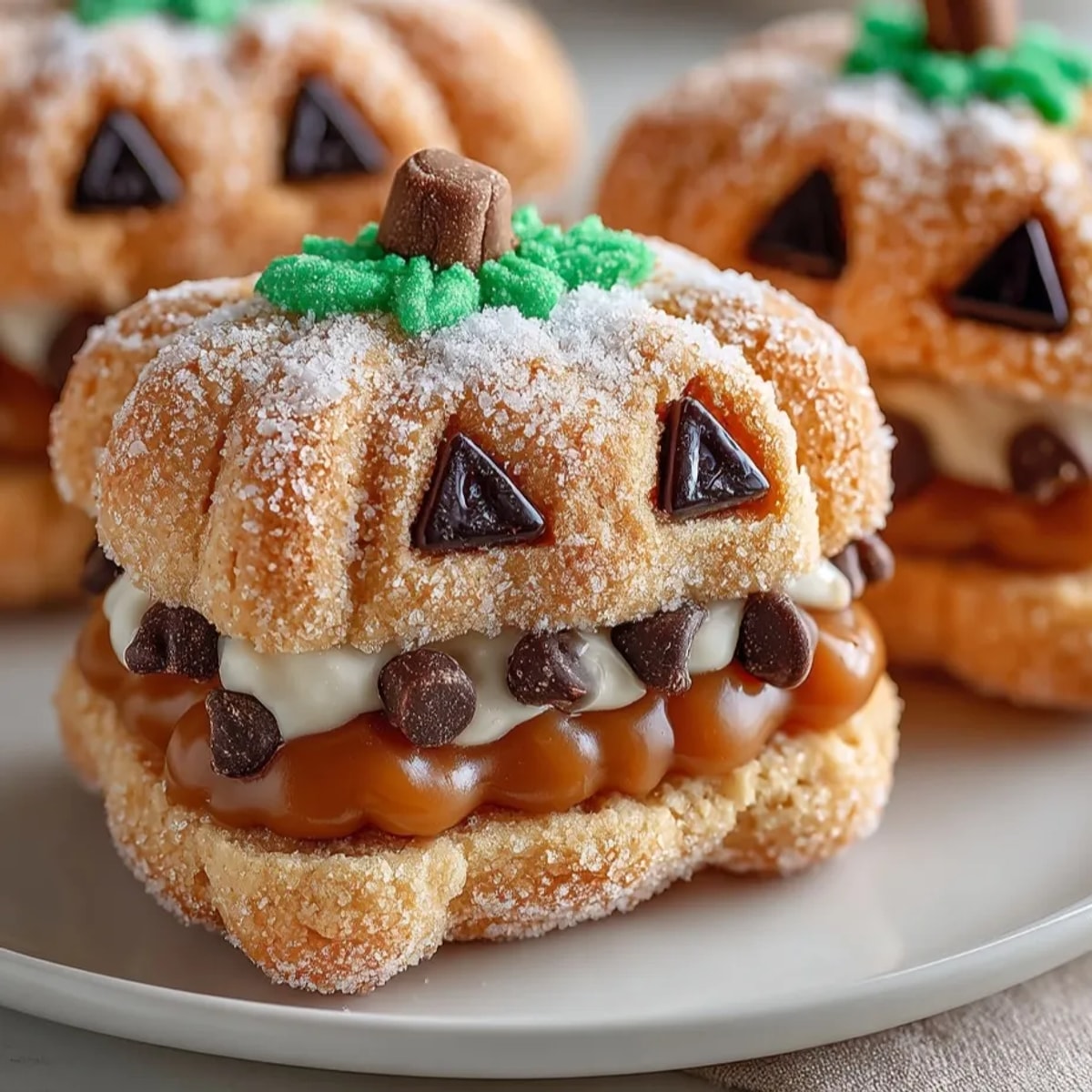 Golden Caramel-Filled Jack-o'-Lantern Cookies cooling on a rack, dusted with sugar.