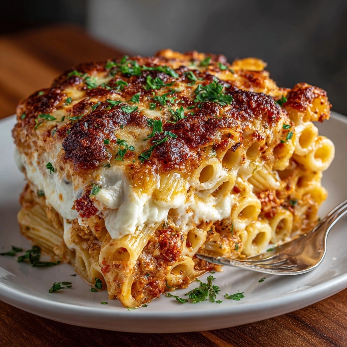 Close-up shot highlighting the rich tomato sauce and perfectly melted mozzarella in Budget Baked Ziti.