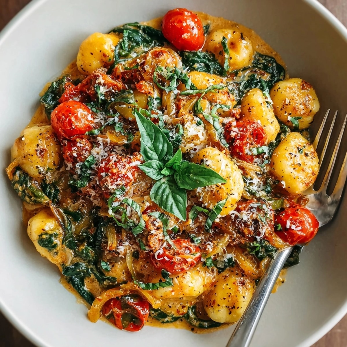 One-Pot Creamy Tomato Gnocchi bubbling in a skillet, topped with fresh basil, parmesan.