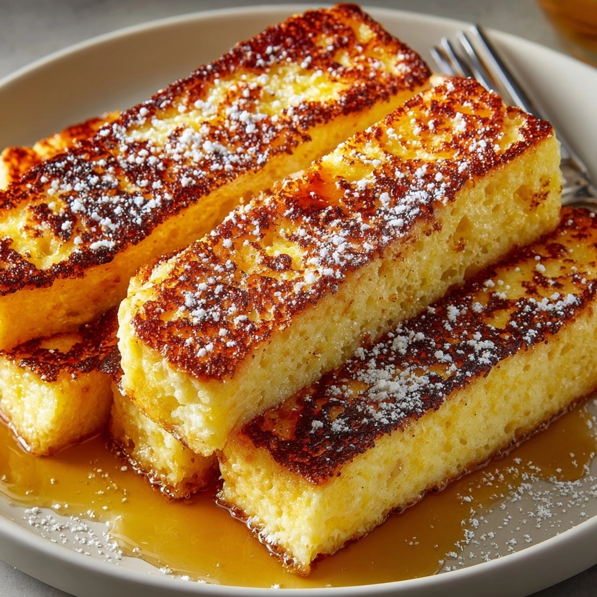 Golden brown Air Fryer French Toast Sticks, ready for dipping in sweet maple syrup.