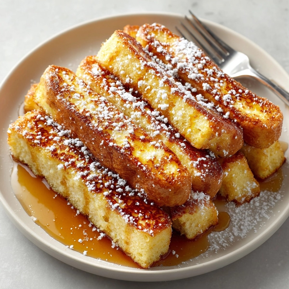 Close-up of homemade Air Fryer French Toast Sticks, dusted with powdered sugar delight.
