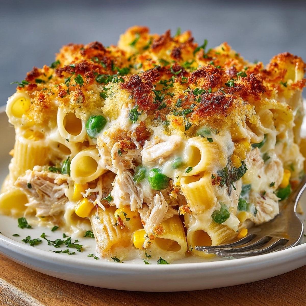 Golden, bubbly Creamy Tuna Pasta Bake fresh from the oven, ready to serve.