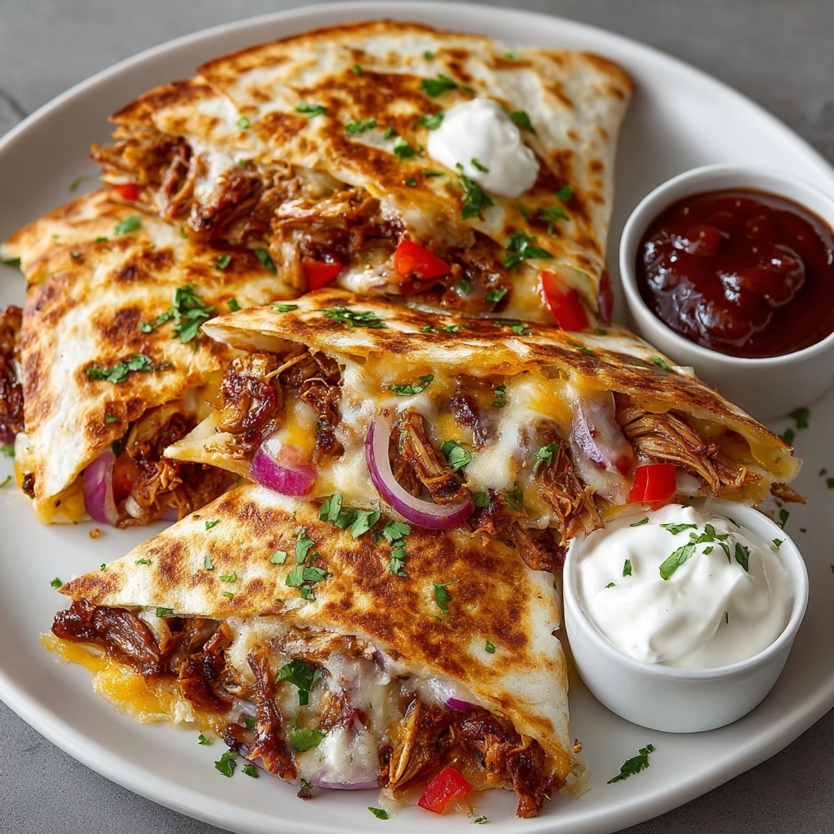 Golden, crispy BBQ Chicken Quesadilla oozing with cheese on a wooden cutting board.