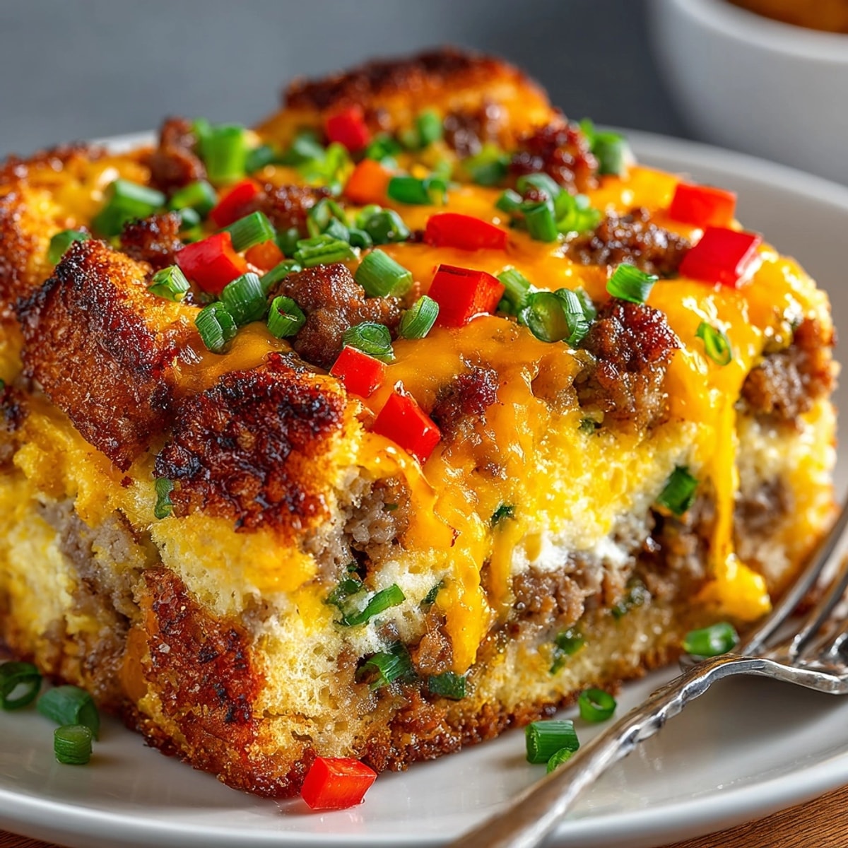 Golden-brown Breakfast Sandwich Casserole with melted cheese bubbling, ready to slice and serve.
