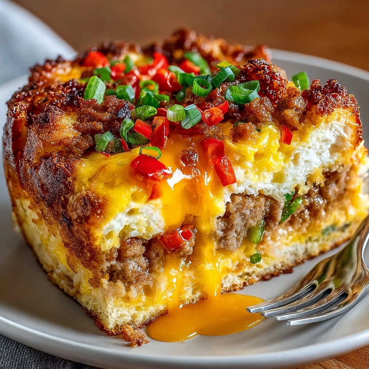 Close-up of a Breakfast Sandwich Casserole slice, showing layers of sausage, egg, and bread.