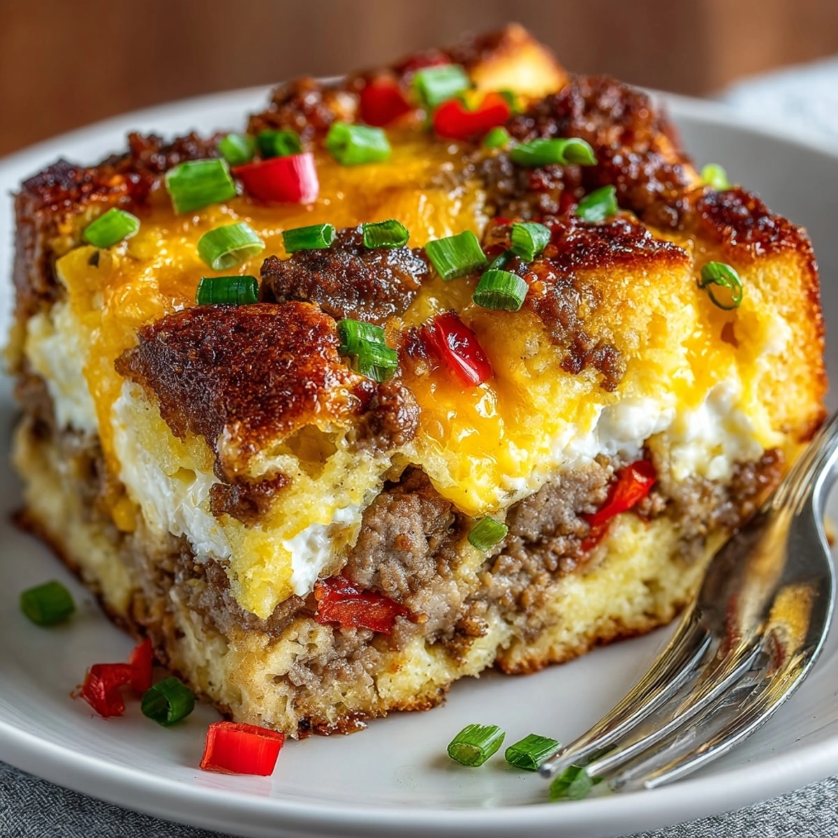 Fluffy Breakfast Sandwich Casserole, baked in a dish, with sausage and colorful peppers visible.