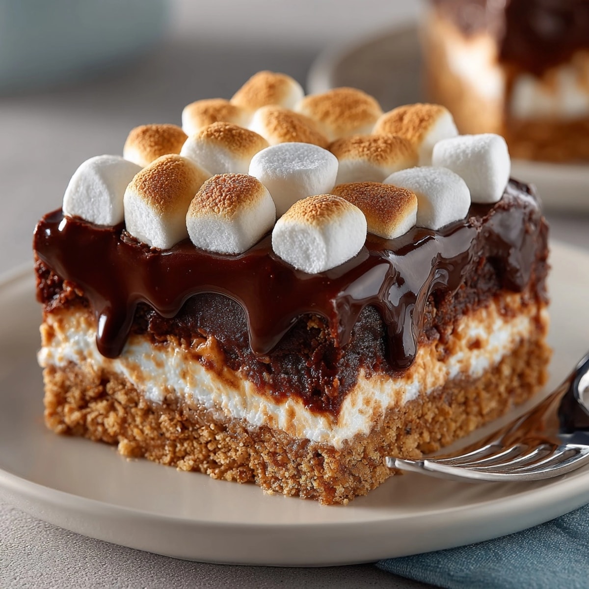 Golden, gooey No-Bake S'mores Bars, chilled and ready to cut and serve.