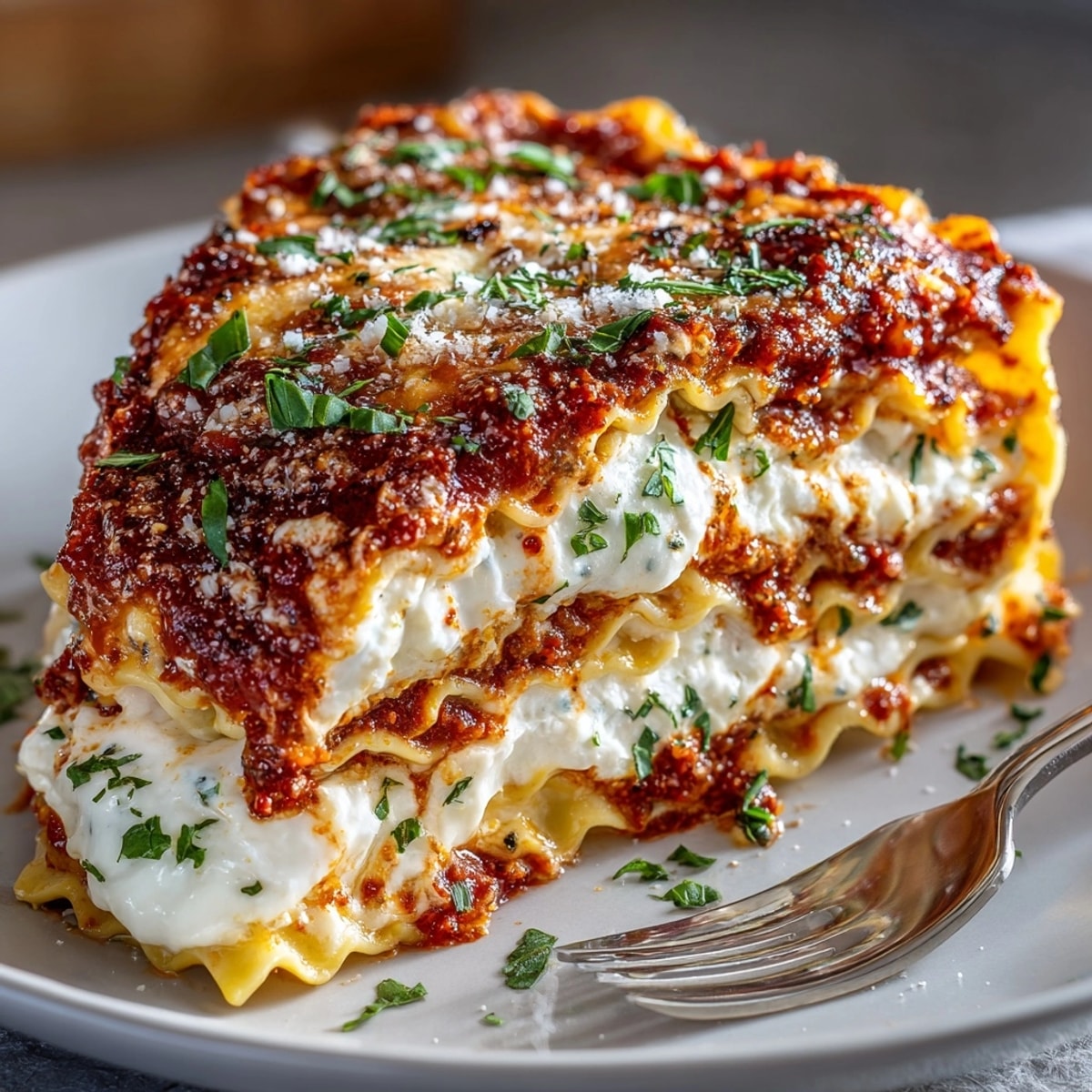 Golden bubbly Lazy Lasagna with Ravioli, fresh basil garnish—a cheesy, comforting Italian-American meal.