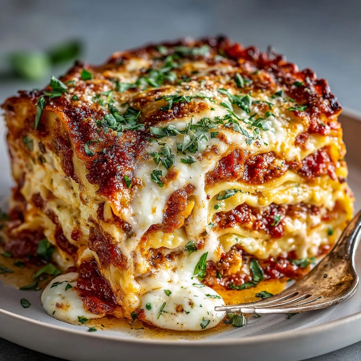 Easy Lazy Lasagna recipe with ravioli features bubbling cheese; see serving suggestions.