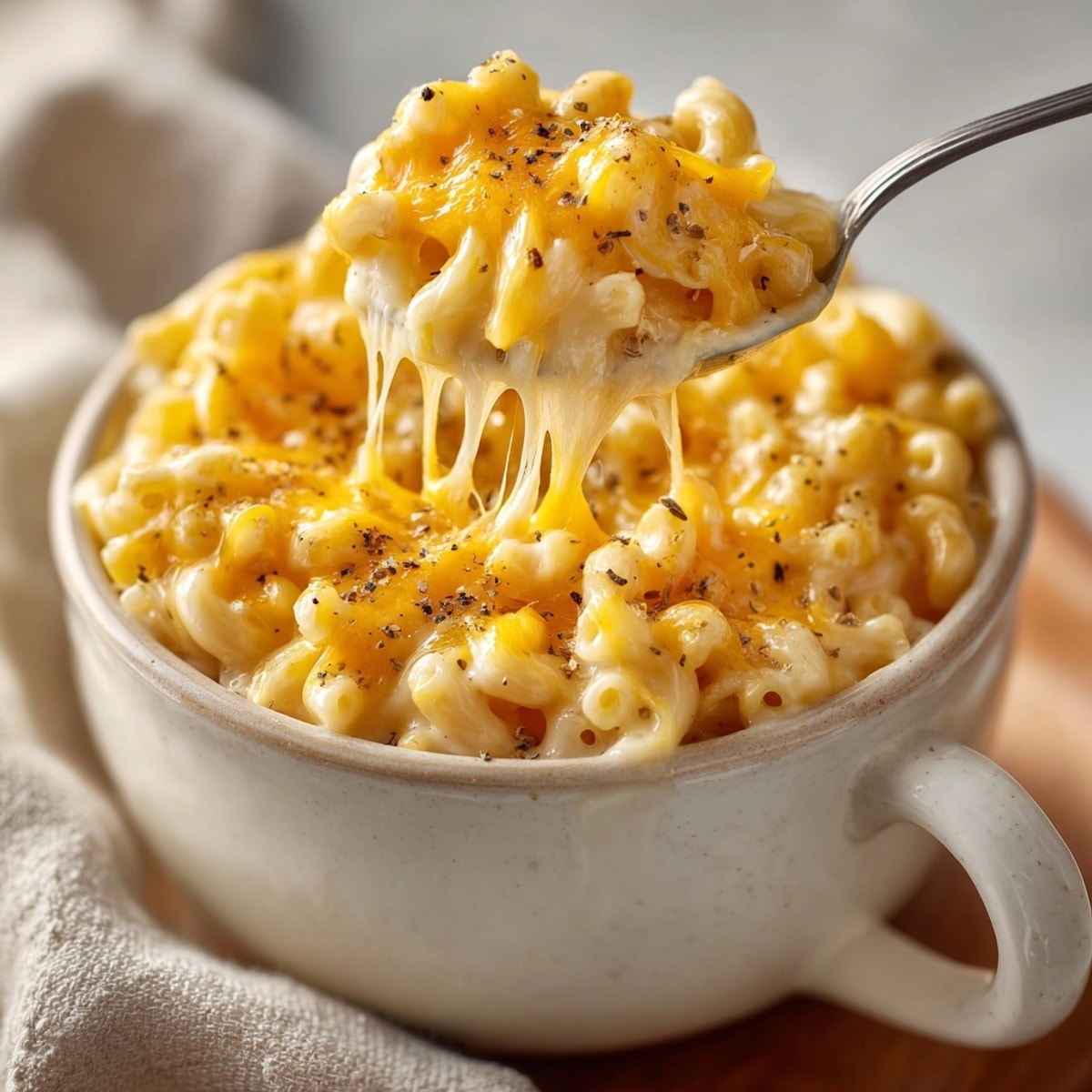 Creamy Microwave Mac and Cheese in a Mug, steaming hot and ready to eat.