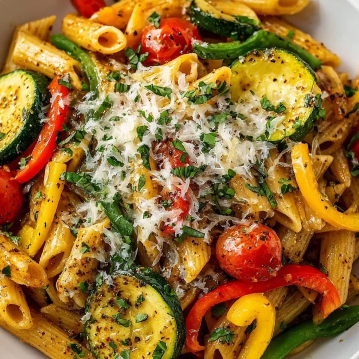 Pasta Primavera Express: Colorful vegetables and pasta glistening with lemon juice, ready to eat.
