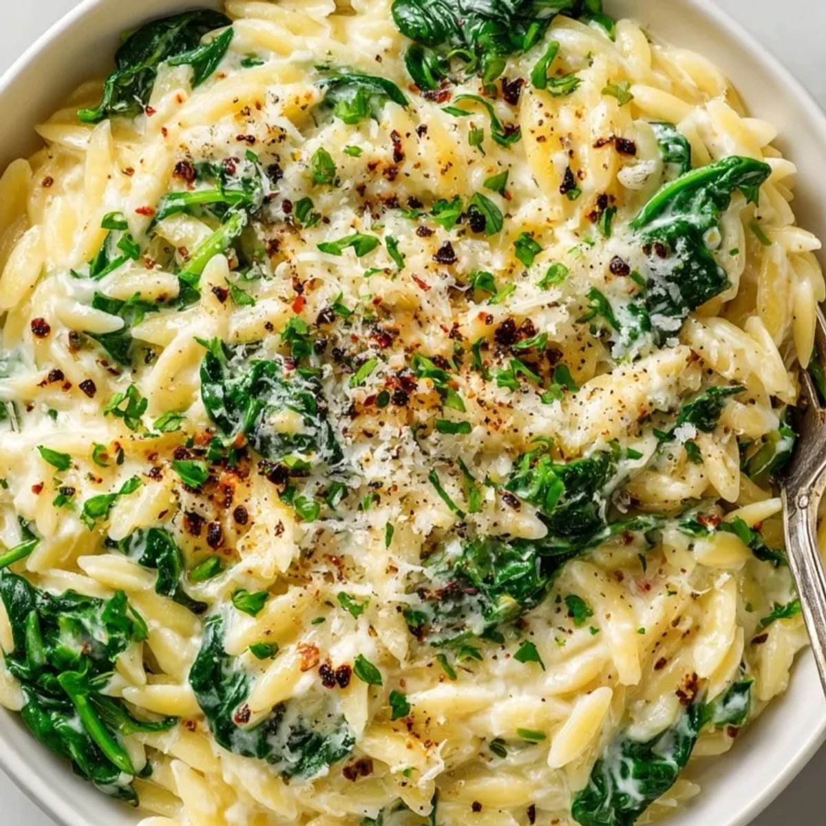 Creamy Boursin Orzo with Spinach: A close-up of the comforting pasta dish.
