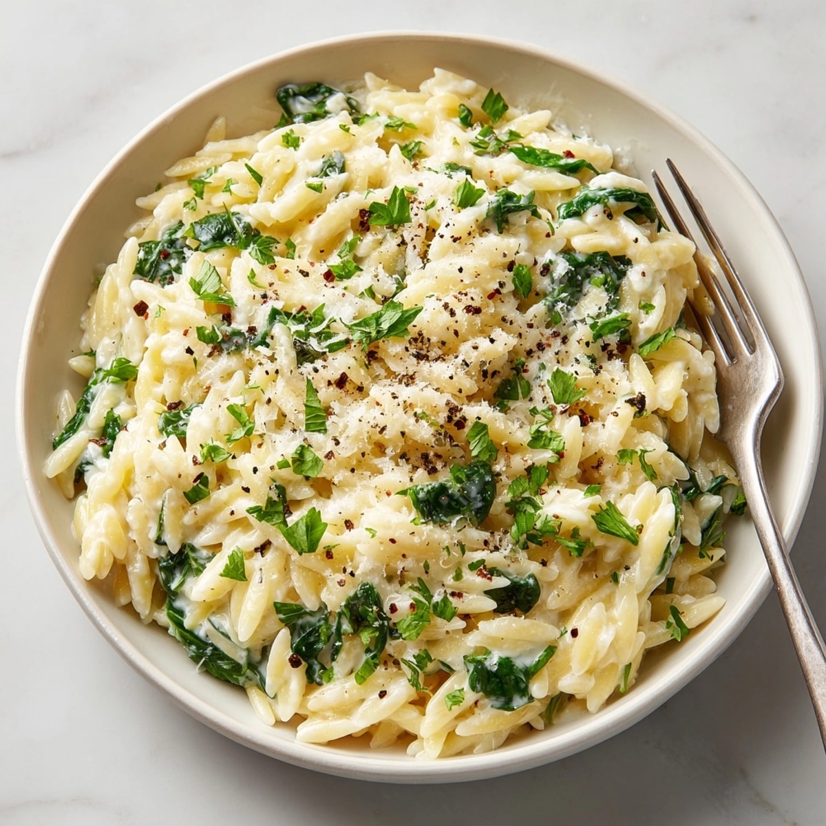 Serving suggestion for Boursin Orzo with Spinach, topped with parmesan and pepper.