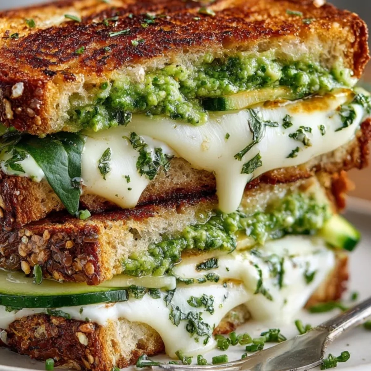 Golden Green Goddess grilled cheese sandwich oozing with melted cheese visible through herby greens.