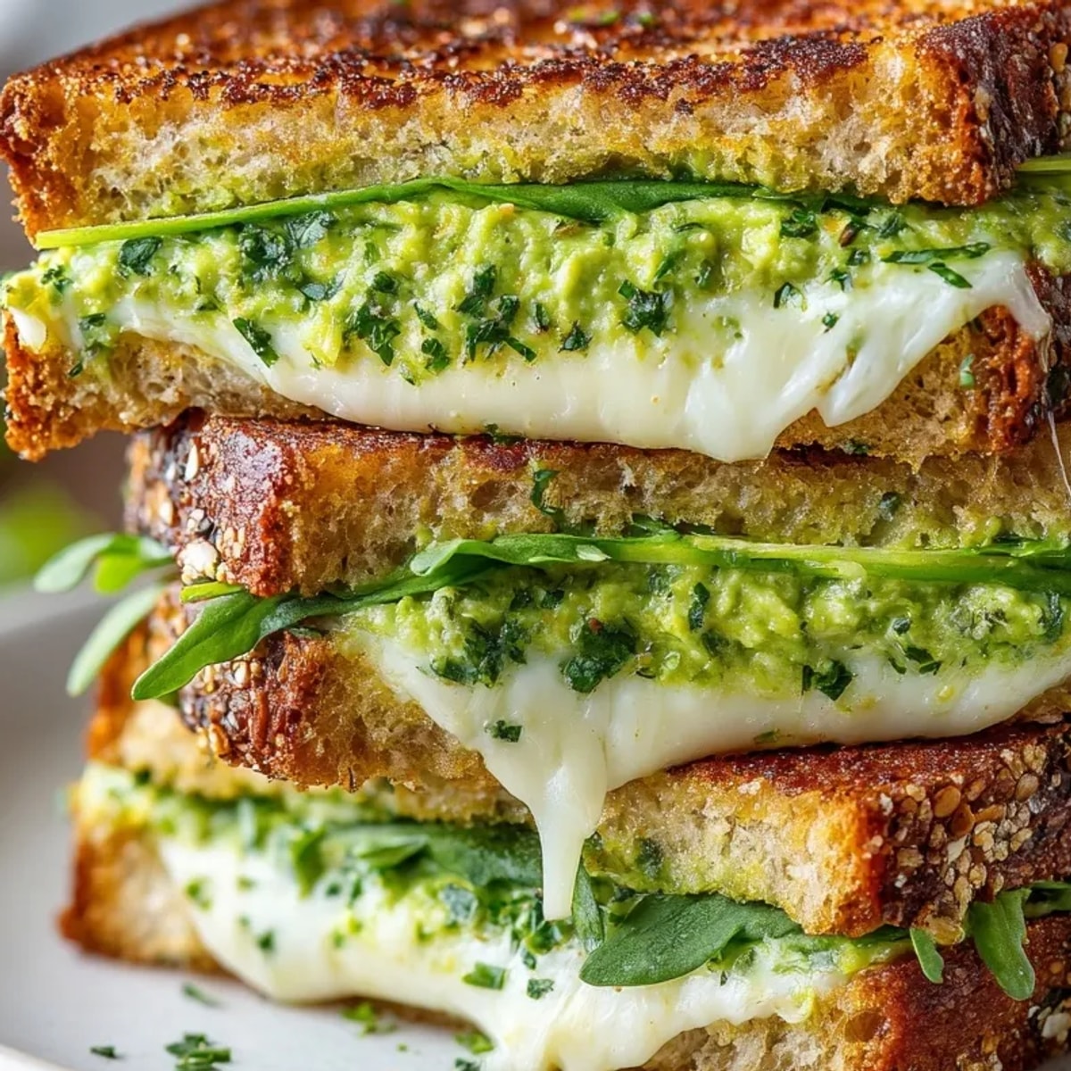Close-up of a Green Goddess grilled cheese, showing layers of vibrant fillings and toasted bread.