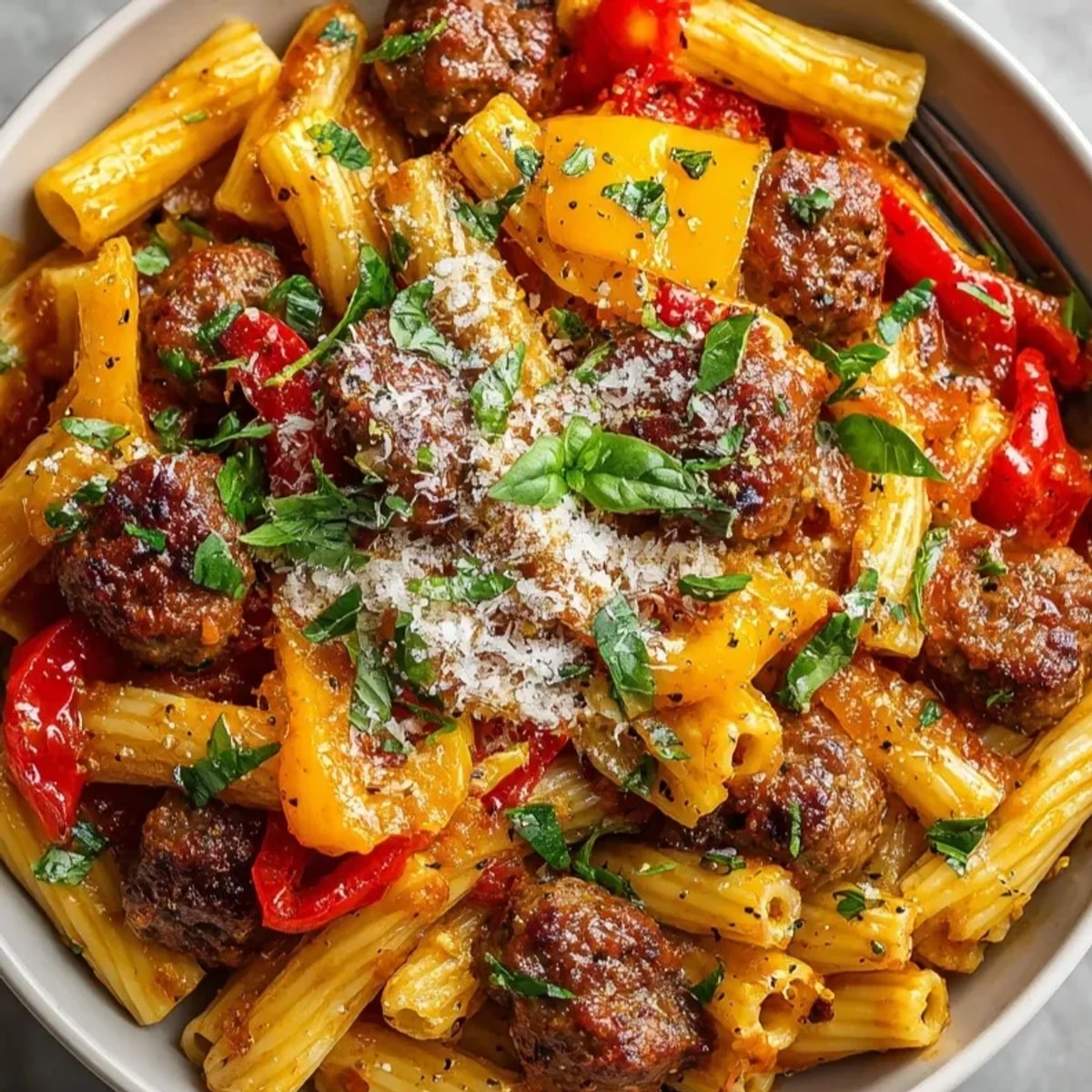 Close-up of spicy sausage pasta with peppers, glistening with sauce and fresh basil.