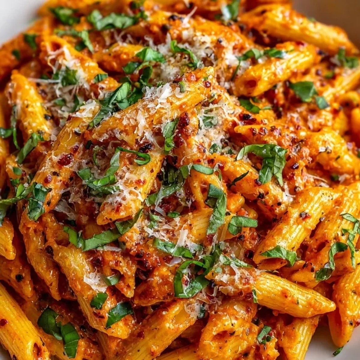 Creamy Tomato Basil Pasta: A swirling forkful, steam rising, sprinkled with fresh basil.