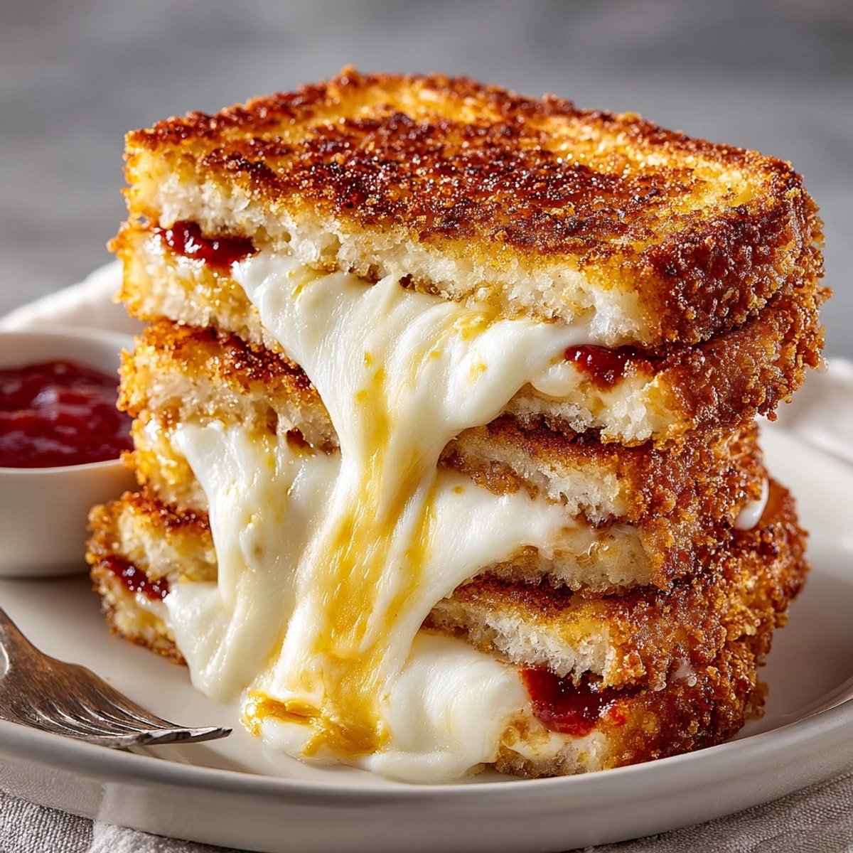 Close-up of a warm Mozzarella Stick Grilled Cheese, ready for marinara dipping.