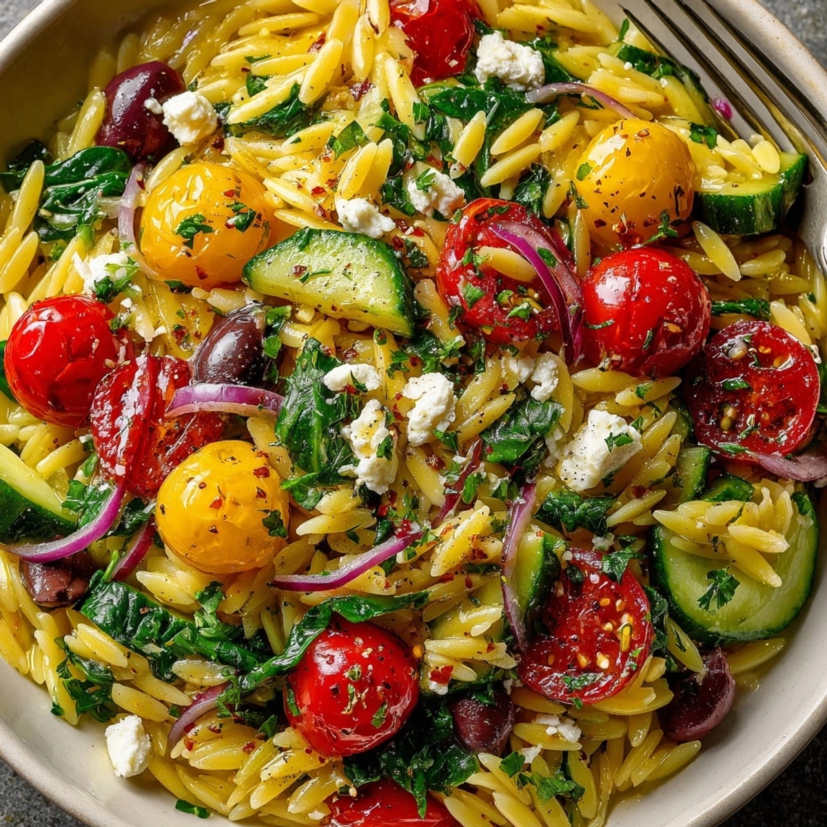 Close-up of vibrant Mediterranean Lemon Orzo salad, speckled with feta and herbs.