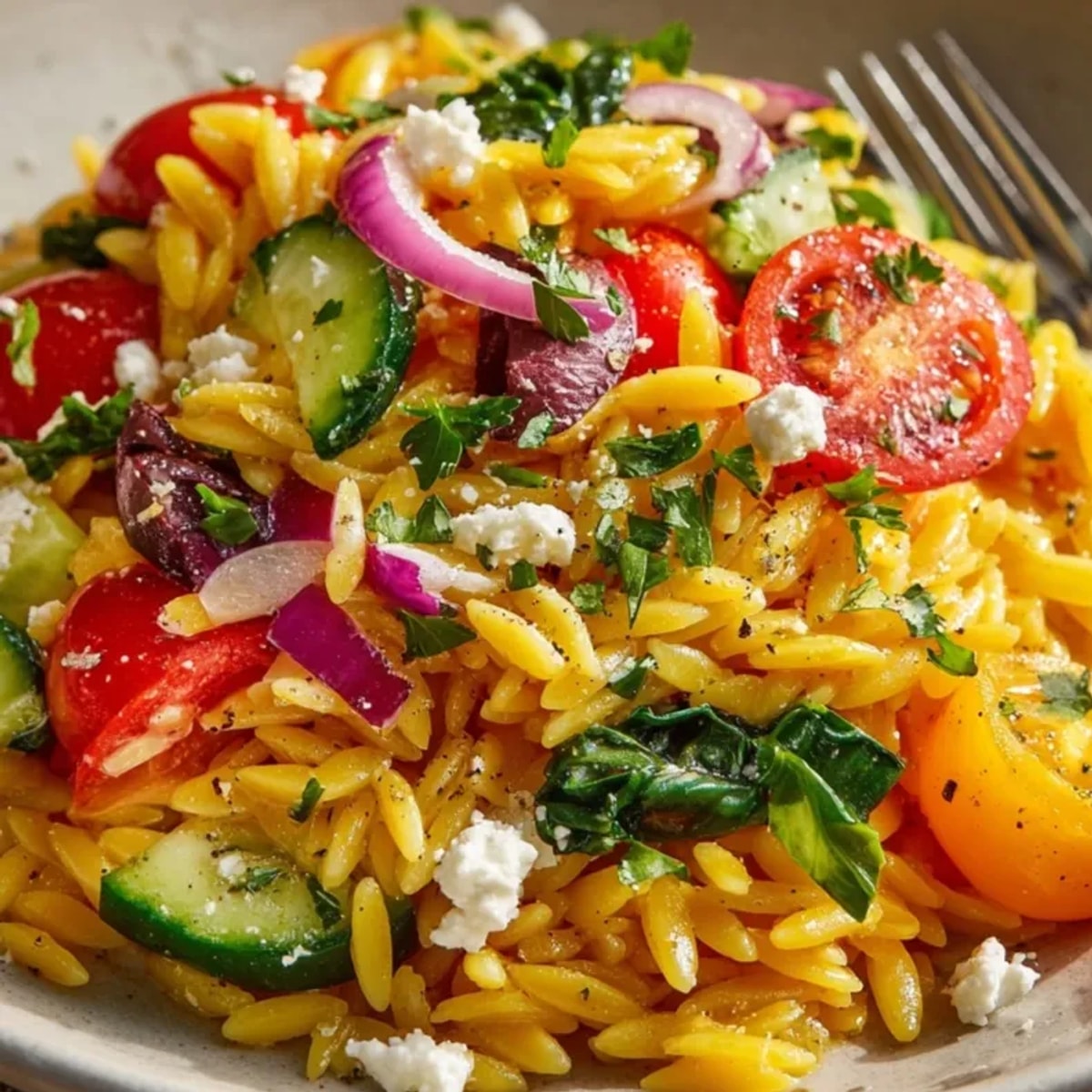Bowl of chilled Mediterranean Lemon Orzo, brightened with lemon and fresh parsley.