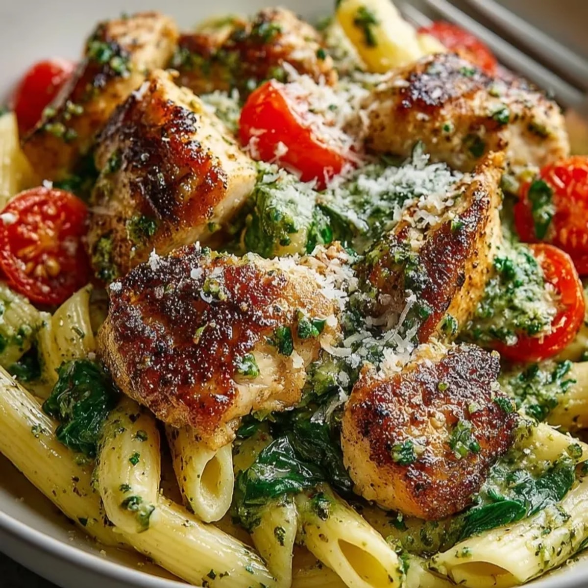 Cooked and plated One-Pan Chicken Pesto Pasta, topped with Parmesan and basil for serving.