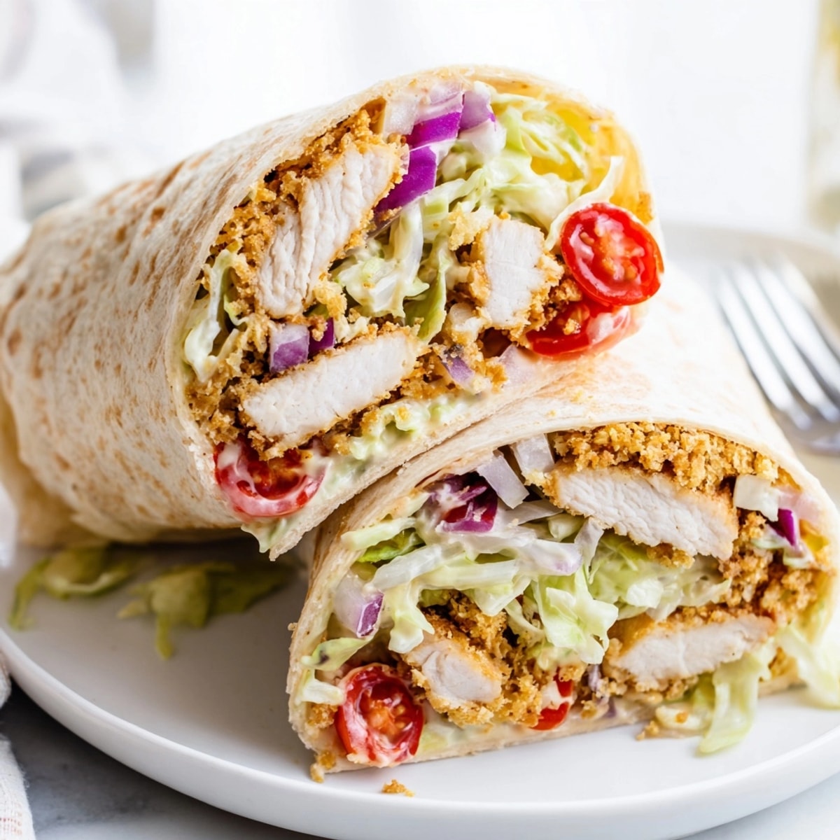 Golden, crispy chicken strips nestled with creamy Caesar slaw in a soft tortilla—Caesar Slaw Crunchy Chicken Wraps.