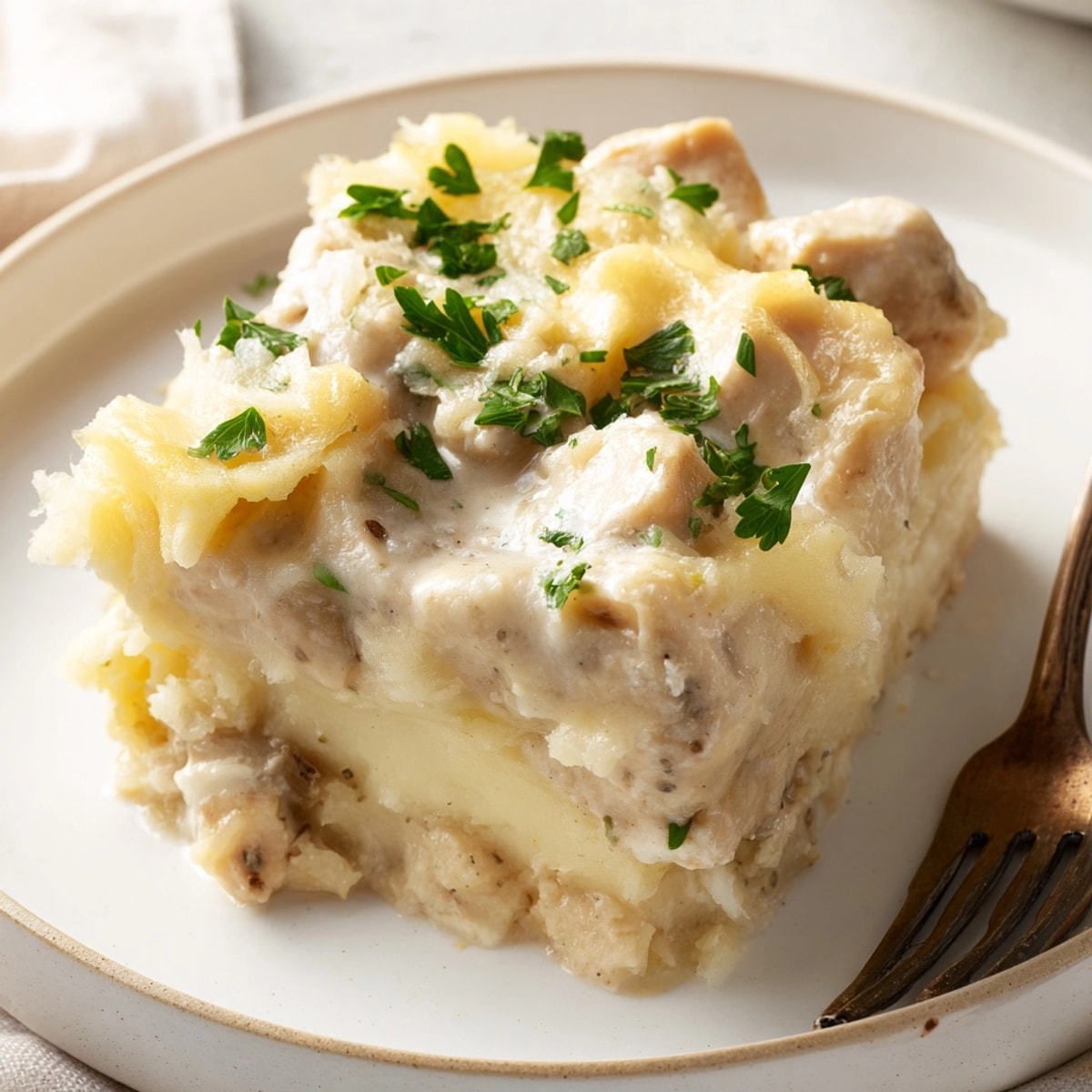 Tangy Chicken Dijon Casserole layered under fluffy mashed potatoes, a weeknight meal perfection.