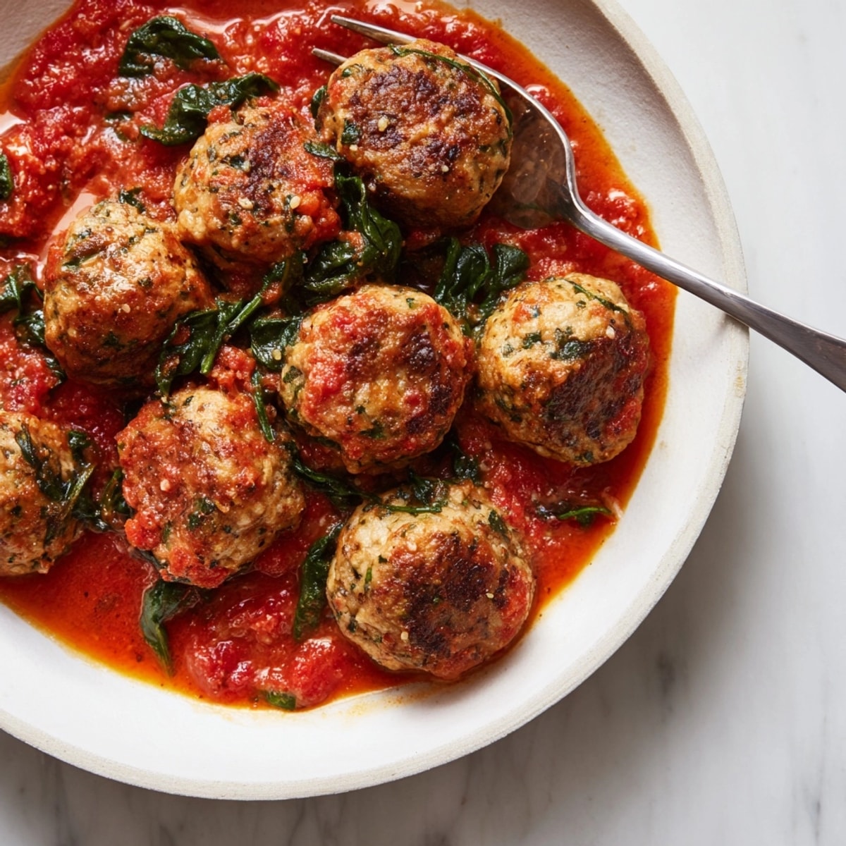 Close-up shows simmering Spinach Turkey Meatball Skillet with bright red sauce and wilted greens.