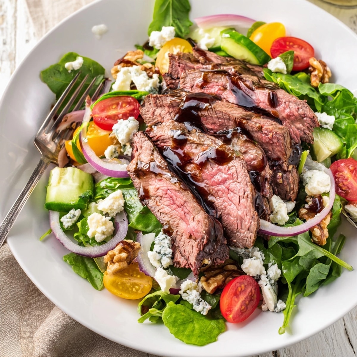 Close-up of Balsamic Steak Gorgonzola Salad: Juicy steak, creamy cheese, and vibrant greens.