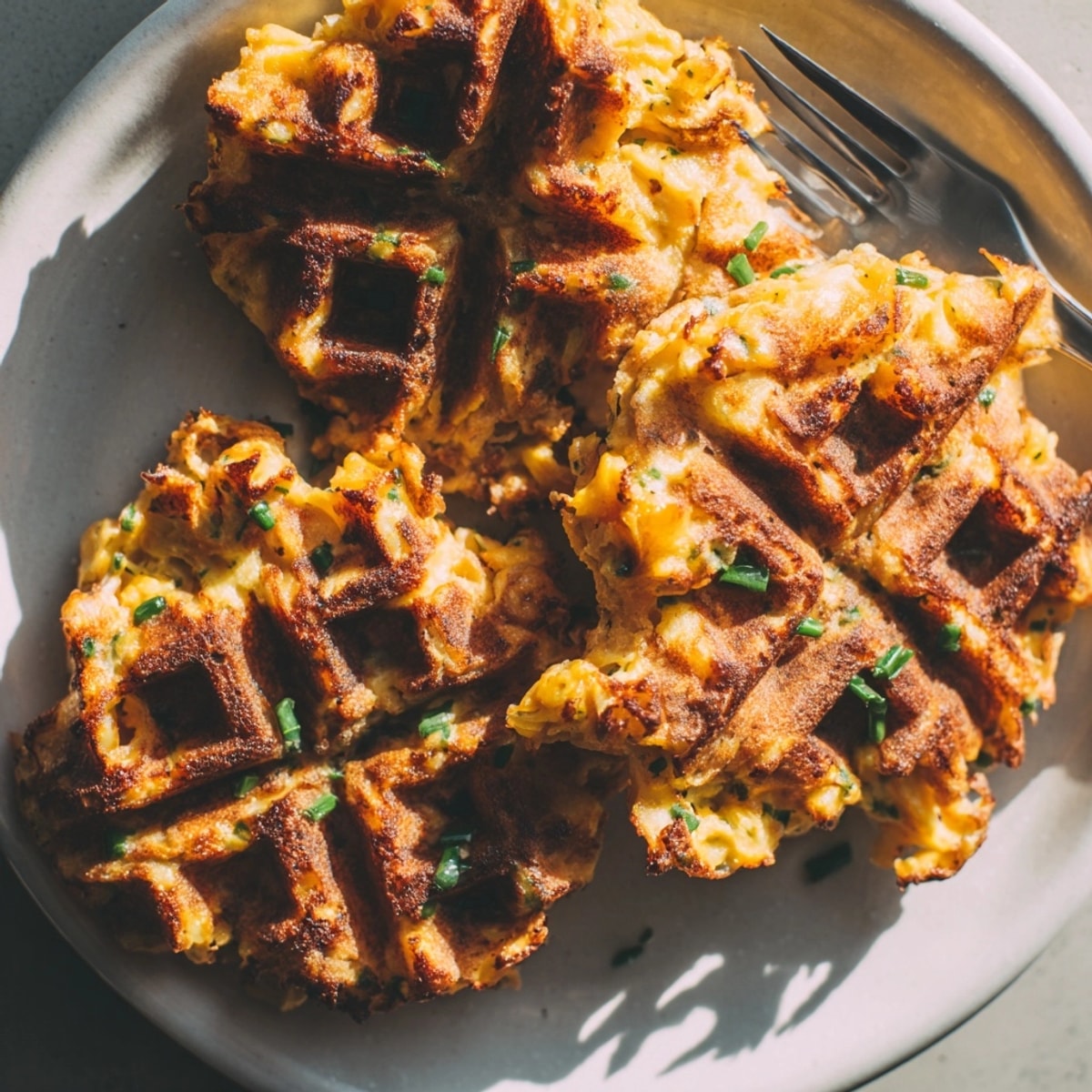 Golden waffle iron cornbread fritters, topped with cheddar and chives, served hot.