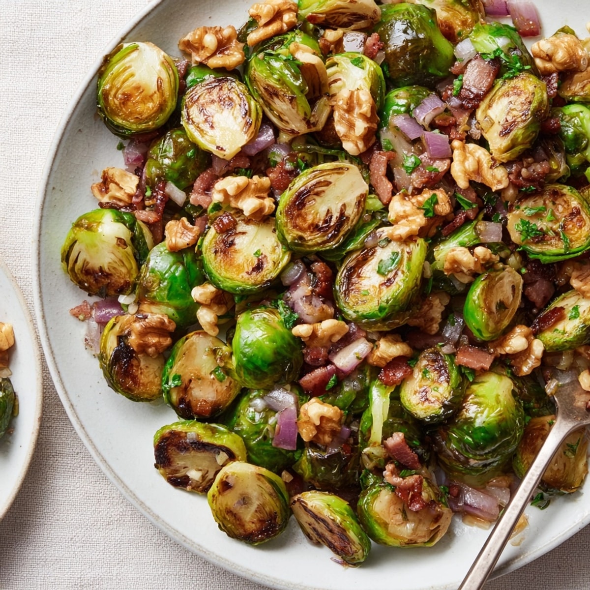 Golden Brussels Bacon Salad, glistening with tangy mustard dressing, garnished with toasted walnuts.