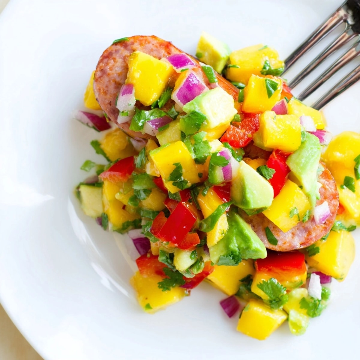 Bright and fresh Mango Avocado Salsa with Chicken Sausage, ready for dinner tonight.