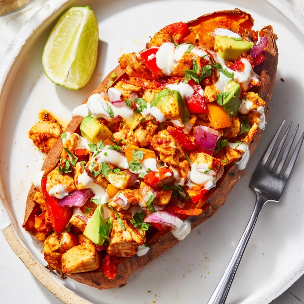 Golden Cajun Chicken Sweet Potato Boats, ready to eat with cilantro and creamy drizzle.