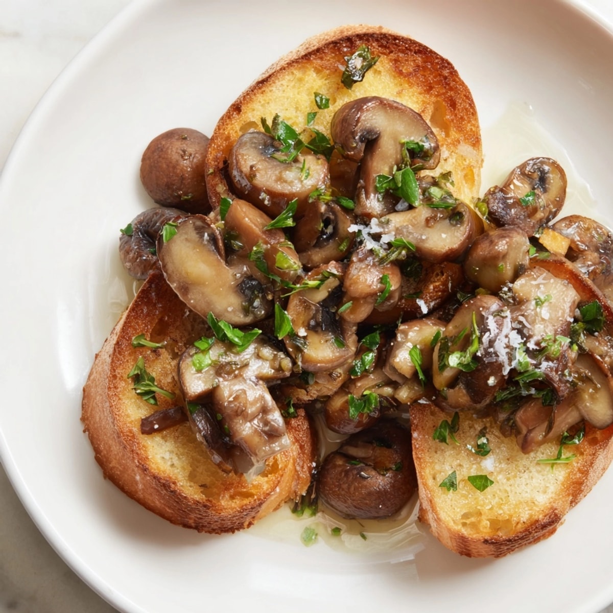 Golden Garlic Sautéed Mushroom Toast Sliders topped with herbs, ready to enjoy.