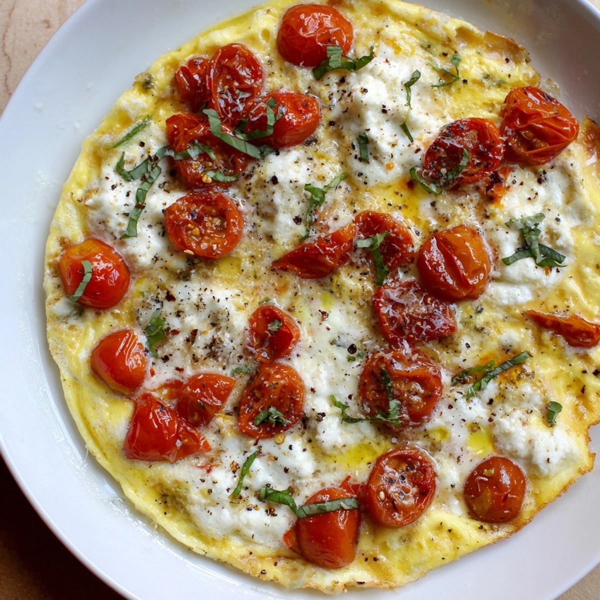 Golden Ricotta Tomato Basil Frittata in a skillet, ready after baking, a fluffy texture.