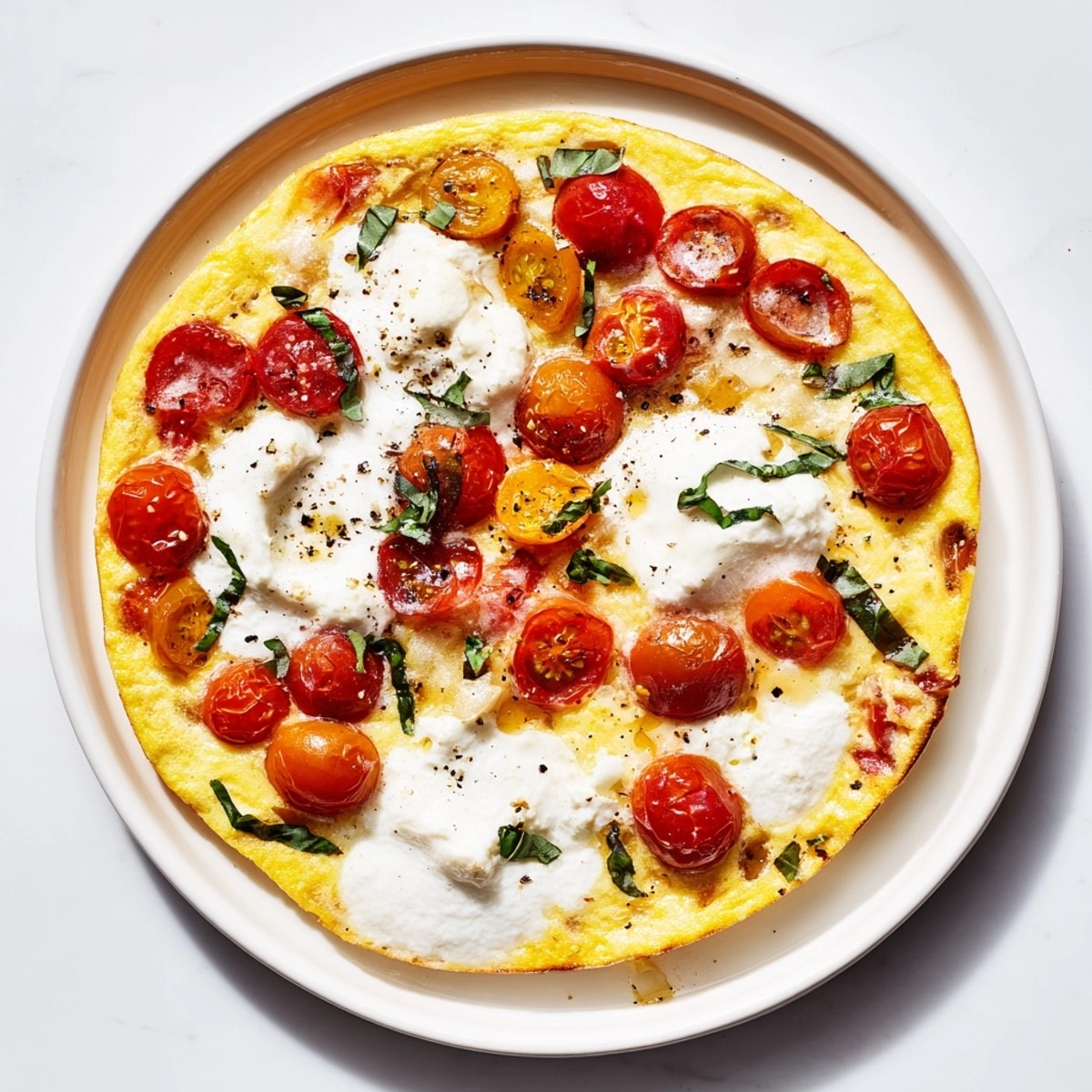 Hot Ricotta Tomato Basil Frittata, speckled with basil, a delicious and colorful breakfast.