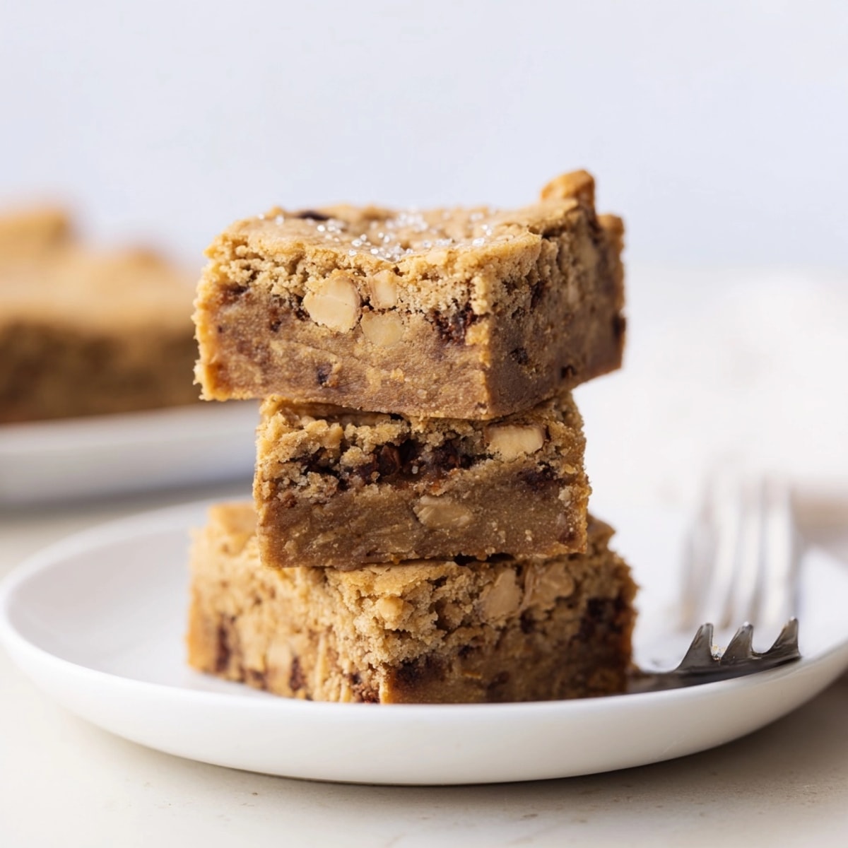 Warm Peanut Butter Toffee Blondies cut into squares, ideal dessert with coffee or milk.