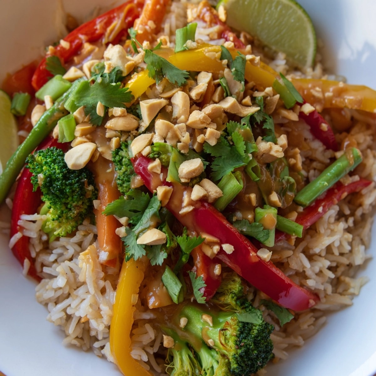 Colorful Thai Peanut Veggie Stir Fry Rice: a quick, savory weeknight meal.