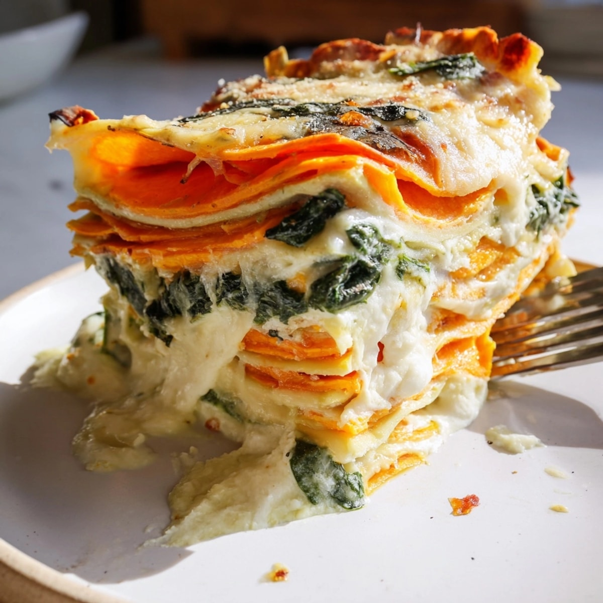 Golden Alfredo Sweet Potato Lasagna bubbling from the oven, creamy and cheesy layers.