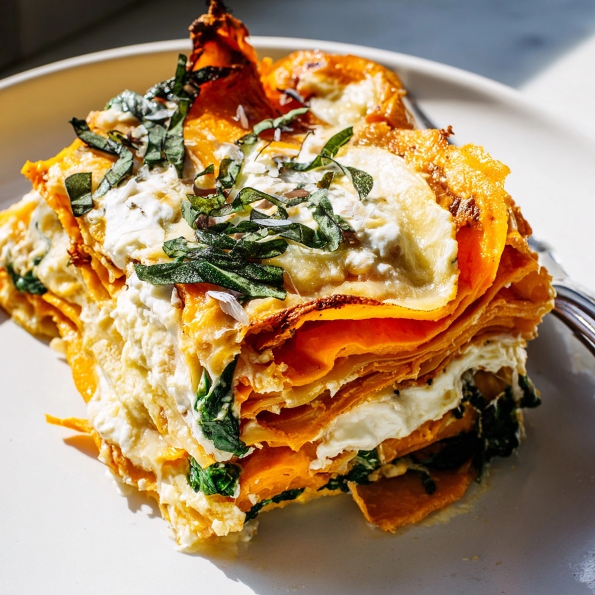 Close-up of Alfredo Sweet Potato Lasagna showing soft potato and melted mozzarella topping.