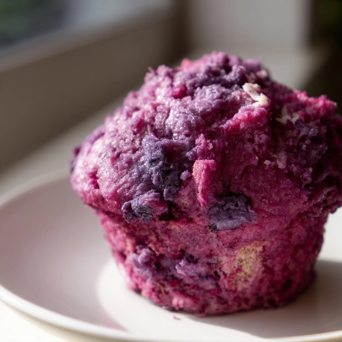 Close-up of freshly baked Ube Cranberry Mochi Muffins, showcasing their vibrant purple color and chewy texture.