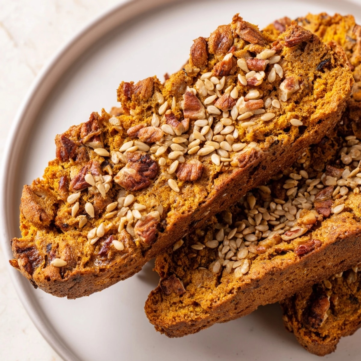 Crisp Sesame Pumpkin Muffin Biscotti, twice-baked Italian cookies with warm spices and nutty sesame.