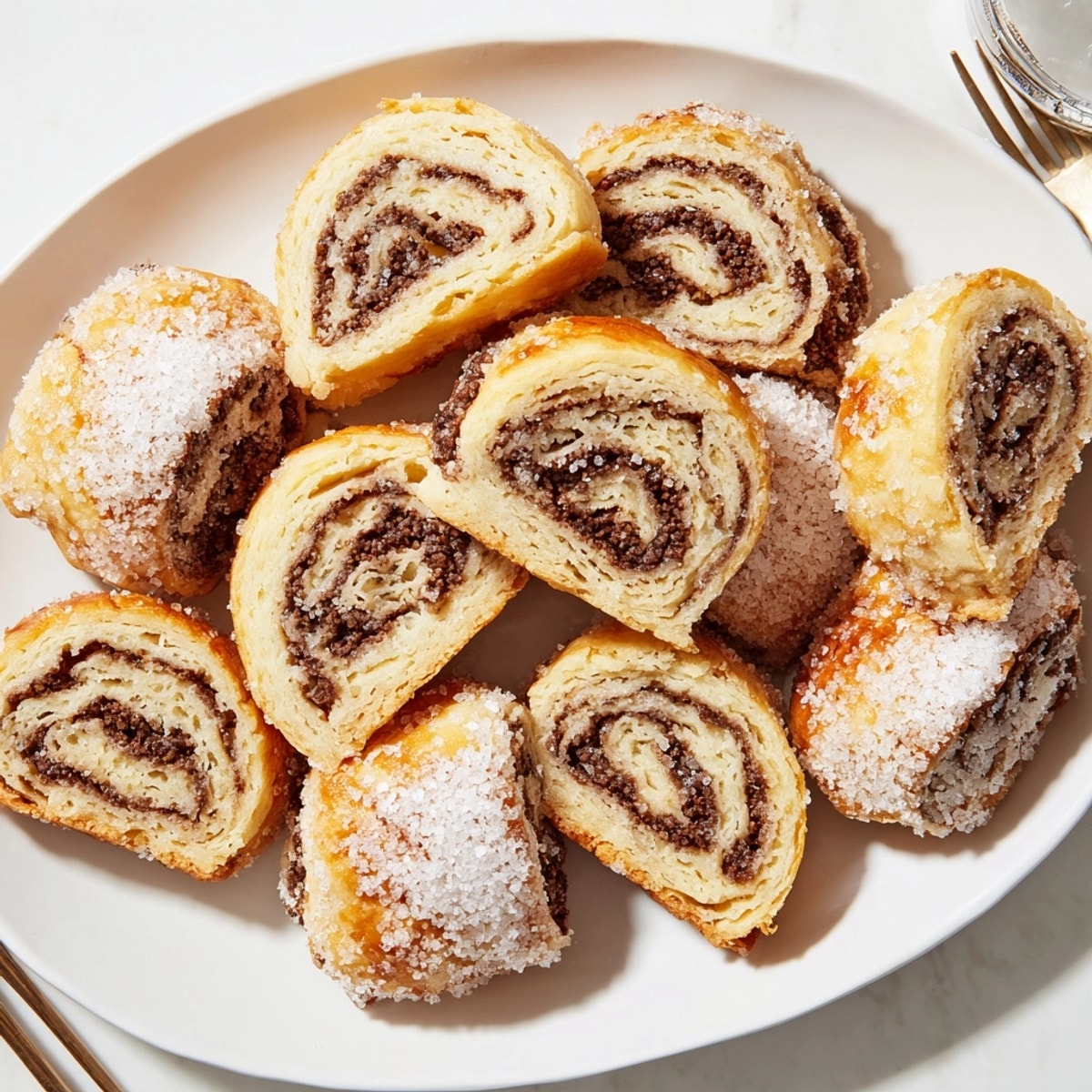 Golden, baked Festive Hanukkah Kokosh Christmas Cookies reveal rich chocolate-cinnamon swirls.