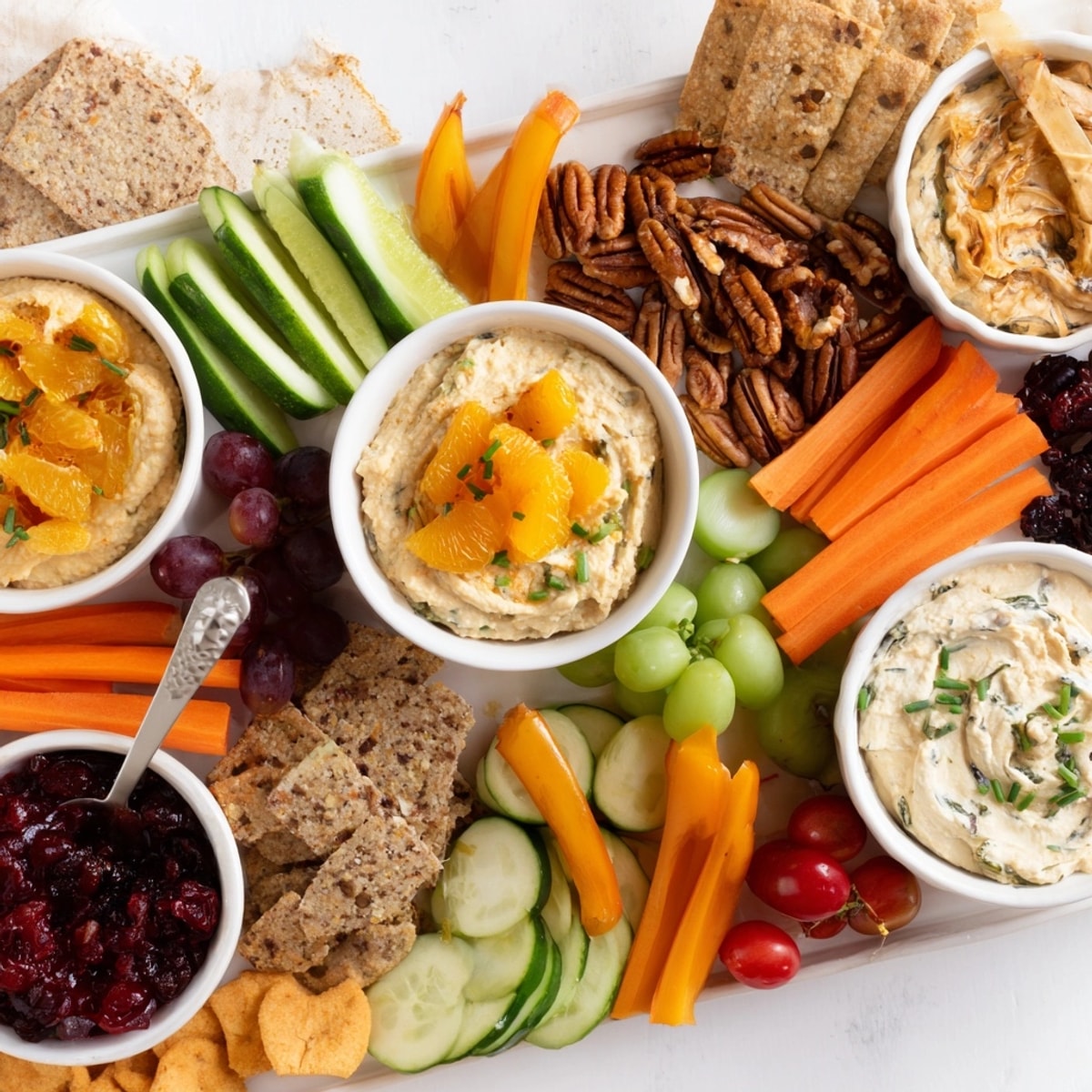 A Thanksgiving Dip Board overflowing with colorful dips, crisp vegetables, and crunchy crackers.