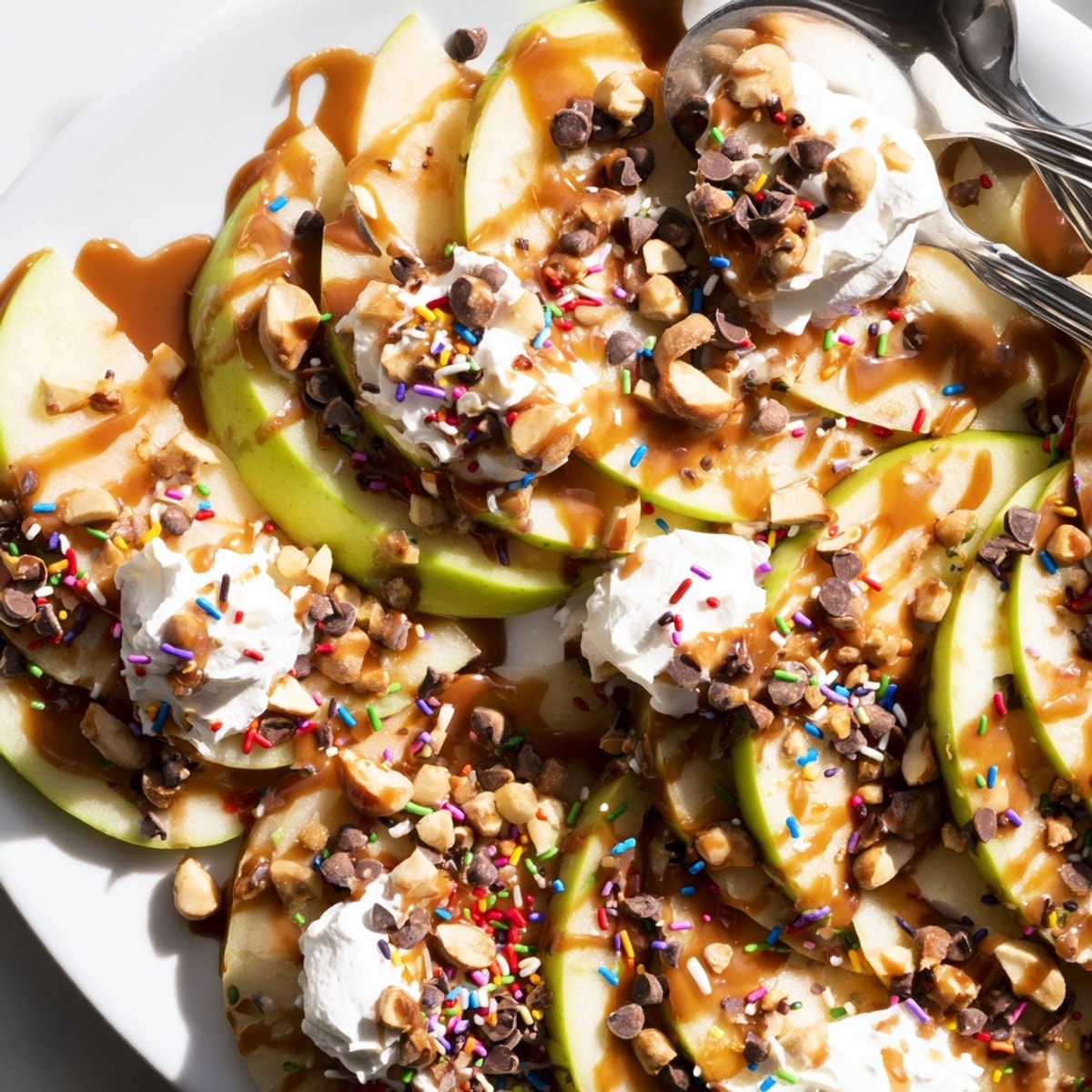 Overhead view: Caramel apple nacho platter with crunchy sliced apples, various sweet toppings.