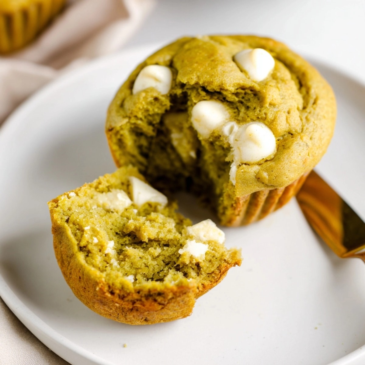 Enjoy freshly baked Matcha White Chocolate Pumpkin Muffins: a delicious fall treat with green tea.