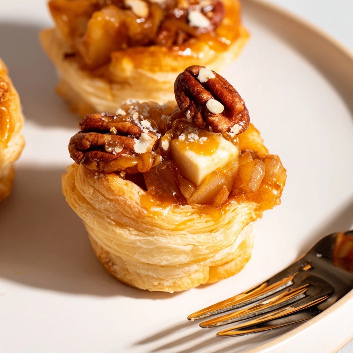 Golden, flaky Caramel Apple Brie Bites, warm and melty, drizzled with sweet caramel.