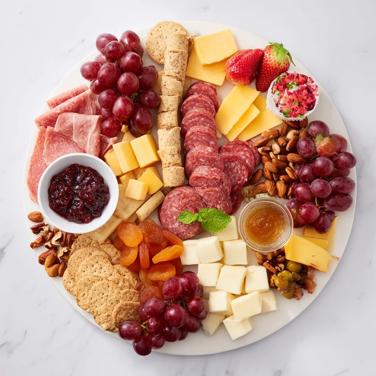 Imagine creamy brie, salty prosciutto, and bite-size Charcuterie Board with Mini Festive Cheesecakes.