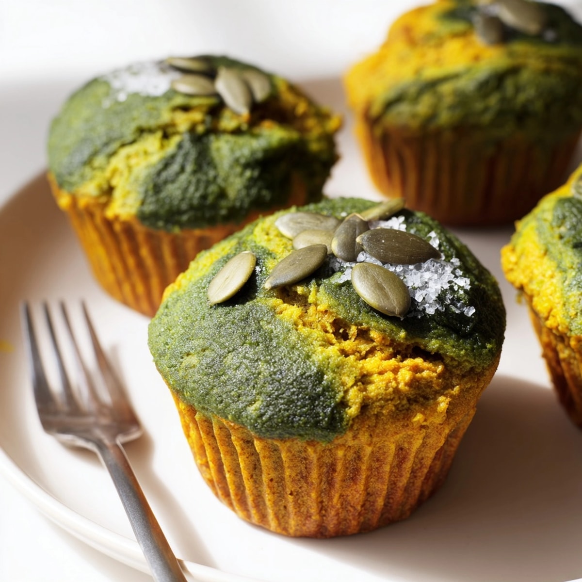 Golden brown Rustic Matcha Pumpkin Muffins cooling; visible seeds and coarse sugar topping.