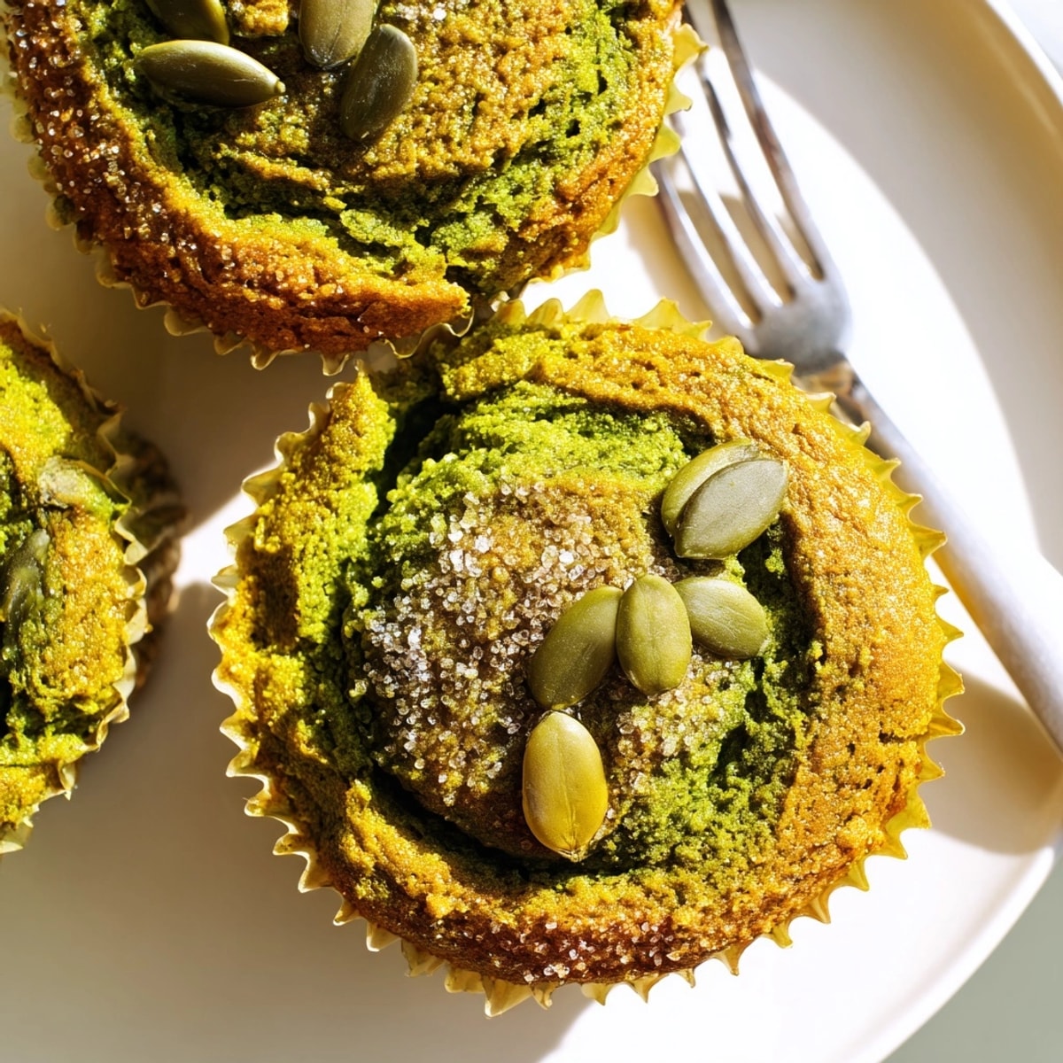 Warm, spiced Rustic Matcha Pumpkin Muffins, baked fresh from the oven, ready to eat.